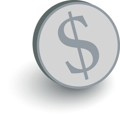 Silver coin. A coin with a dollar sign. Dollar coin. American currency. With a gray shadow on the bottom. Vector illustration.