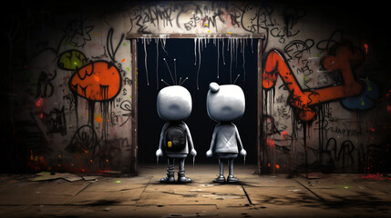 2 graffiti children look at a door with graffiti