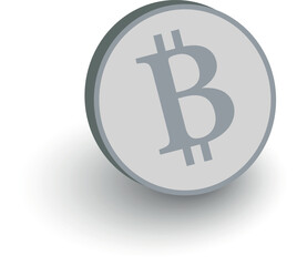 Bitcoin. A round silver coin. Independent currency. Cryptocurrency. With a gray shadow on the bottom. Vector illustration.