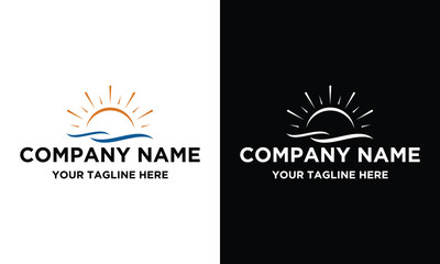 Sun logo with sea wave vector design