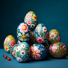 Fototapeta premium Colorful Easter Egg bottom border over a blue banner background. Copy space