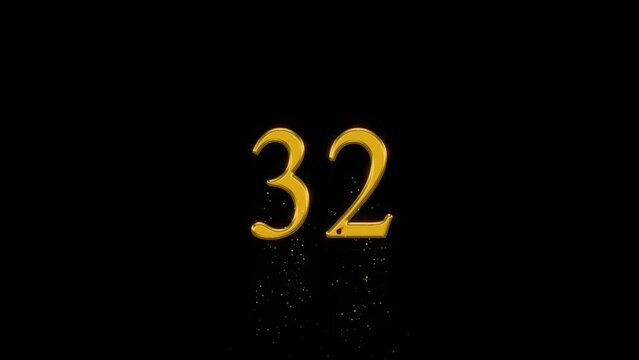 Golden number 32 with gold particles and alpha channel