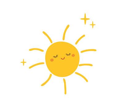 Cute cartoon character smiling sun with closed eyes on transparent background