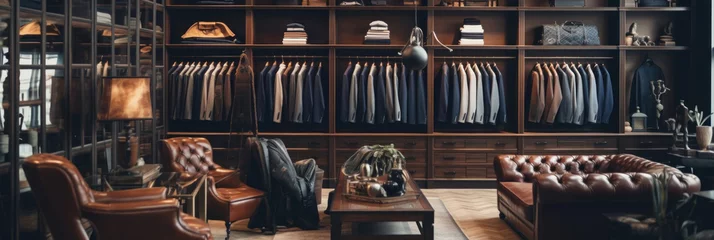 Fotobehang Clothing boutique with luxury male wardrobe full of expensive suits. © tong2530