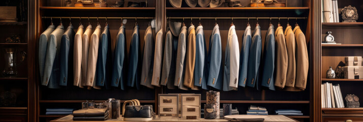Clothing boutique with luxury male wardrobe full of expensive suits. - obrazy, fototapety, plakaty