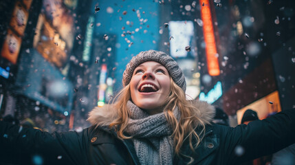 A girl stands in the crowd of people celebrating New Year's Eve in Times Square, Manhattan, New...