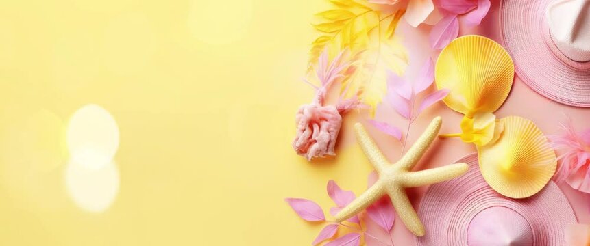 Anamorphic video summer background with sea shell and starfish.