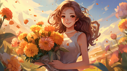 Obraz na płótnie Canvas A beautiful girl bouquet bright background beautiful