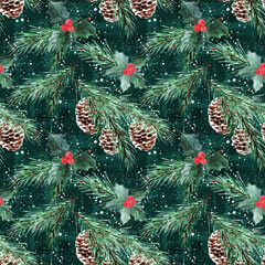 Seamless colorful Christmas pattern. Spruce branches with cones on a dark green background with white snowflakes.