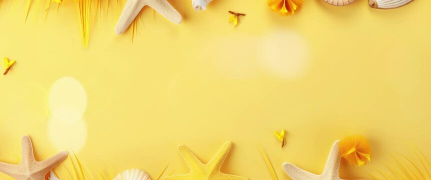 Anamorphic video summer background with sea shell and starfish.