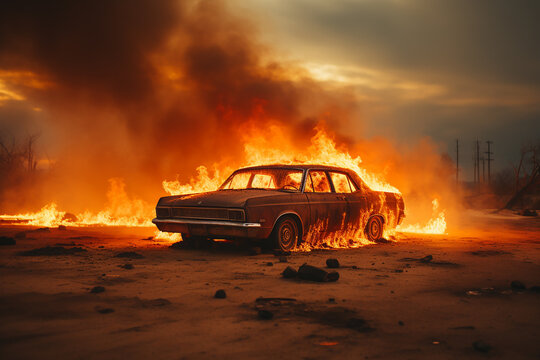 A burning car in a deserted area.