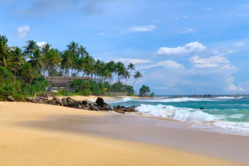 View of a beautiful sandy beach with palm trees, Indian Ocean coast in Sri Lanka, Unawatuna - obrazy, fototapety, plakaty