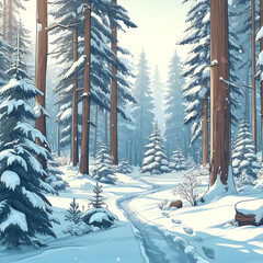 Cartoon style winter forest photography realistic snowy weather of whimsical landscape