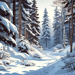 Snowy trees stand tall in the woodland portrayed with artistic flair in cartoon style