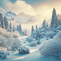 Cartoon style snow scene photography with winter landscape into a whimsical playground