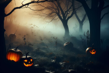 Halloween pumpkins in the forest at night.  Halloween background.