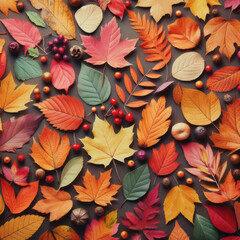 beautiful autumn background with leaves and berries