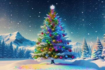 Christmas tree with lights and decorations in the center of forest at night. Greeting card. Generative AI
