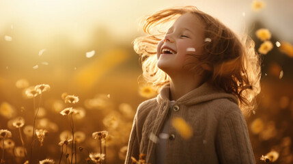 happy little girl laughing and playing in field of flowers