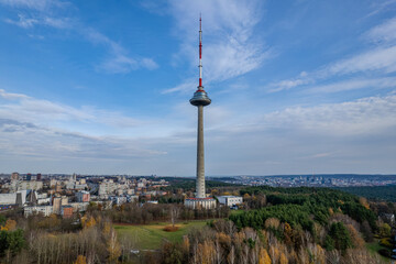 Obraz premium Aerial sunny autumn fall view of Vilnius TV Tower, Lithuania