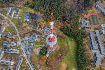 Aerial sunny autumn fall view of Vilnius TV Tower, Lithuania
