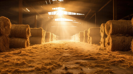 barn indoor with hay and straw bales - obrazy, fototapety, plakaty