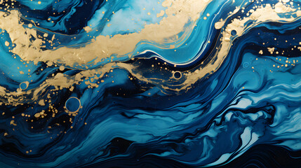 Blue waves swirls gold painted splashes texture marble. generative AI.