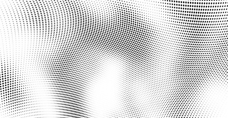Abstract halftone wave dotted background. Futuristic twisted grunge pattern, dot, circles. Vector modern optical pop art texture for posters, business cards, cover, labels mock-up, stickers layout - obrazy, fototapety, plakaty