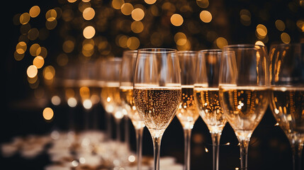 There are many glasses of champagne on the table. - obrazy, fototapety, plakaty