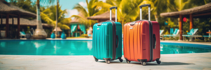 Luggage suitcases beside resort swimming pool for tourism summer. - obrazy, fototapety, plakaty