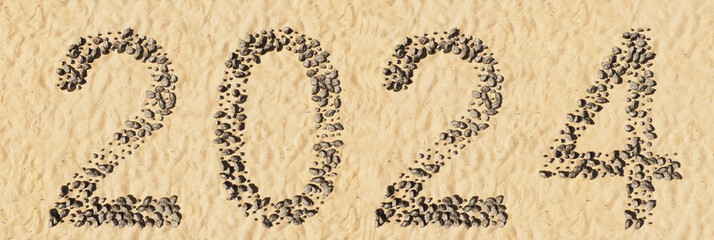 Concept or conceptual 2024 year made of stones on beach sand handmade symbol shape, golden sandy background.  3d illustration as a metaphor for  nature, celebration, sunny, seaside and holiday