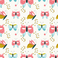 Seamless pattern of carnival masks. Carnival masks in the form of butterflies. Bright carnival masks. Vector illustration.
