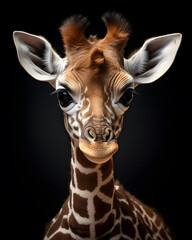 portrait of a cute baby giraffe calf on a black background