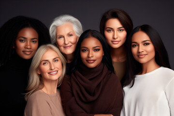 studio portrait  five women with different age and diversity skin tones for advertising product design