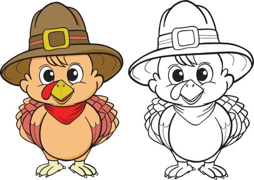 Turkey bird with a hat. Cartoon character. Doodles art for Thanksgiving Day. Coloring book for adults and kids.