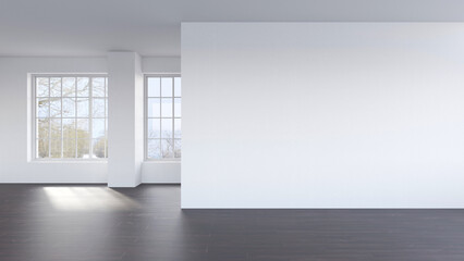 Empty white wall interior with brown wooden floor and two big windows with winter landscape outside. Mock up template for product display