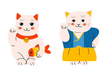 set of cute asian kitten in kimono with fish