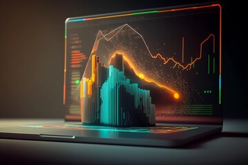  Charts bursting out of a laptop screen. Representing success and growth for business or financial. Networking on the internet for stock market, forex or performance progress achievement. Generated AI