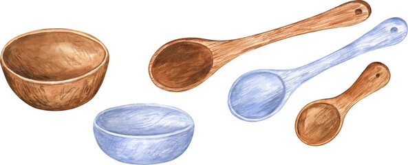 Wooden spoons and bowls watercolor illustrations isolated on transparent background. Retro style drawings for the country house and cottagecore design projects