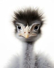 portrait of a cute baby emu chick with piercing eye.