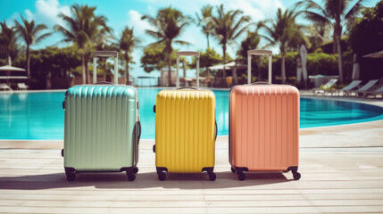 Luggage suitcases beside resort swimming pool for tourism summer.