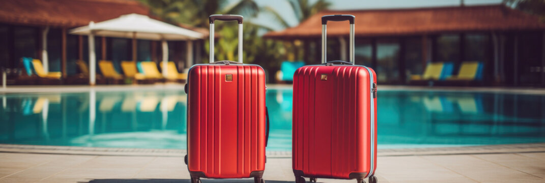 Luggage suitcases beside resort swimming pool for tourism summer.