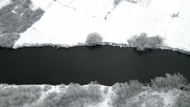 Aerial view of a river Ibar in winter, drone flying from right to left