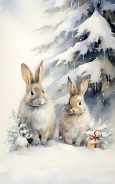 A cozy Christmas image whith rabbits in the snow next to a decorated fir tree, captured in watercolor