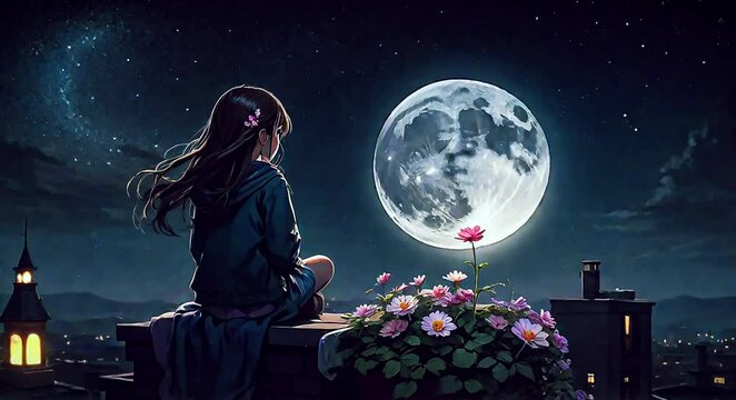 A lone flower stands tall on the rooftop, its petals reaching towards the moon in the dark night sky, while a girl sits peacefully beside it.