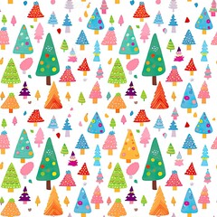 New Year pattern of simple drawn multicolored Christmas trees on white background. Wrapping Paper