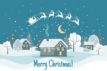 Fototapeta premium Winter landscape with cute houses, Santa on a sleigh with reindeers and the night sky. Merry Christmas greeting card template. Illustration in flat style. Vector