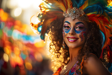 Obraz na płótnie Canvas Beautiful closeup portrait of young woman in traditional Samba Dance outfit and makeup for the brazilian carnival. Rio De Janeiro festival in Brazil.