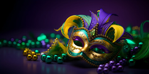 Colorful traditional mardi gras carnival mask with gold, green colors decoration for national festival celebration on purple background with copy space.