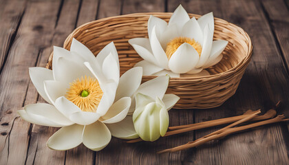 Fototapeta na wymiar Beautiful white Lotus in the basket on a wooden background 